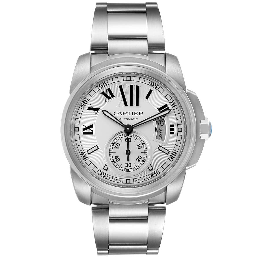 Calibre Ref 3389 watch with silver Roman dial by Cartier: Calibre Ref 3389 watch with silver Roman dial by Cartier This Cartier Calibre watch features a silver Roman numeral dial and a 42mm stainless steel case. The watch is in very good condition and does n