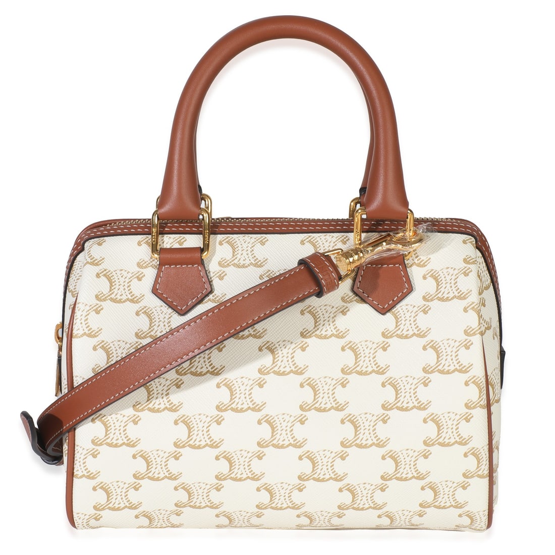 Celine Small Boston Bag in White Triomphe Canvas and Tan Calfskin (1 of 8)