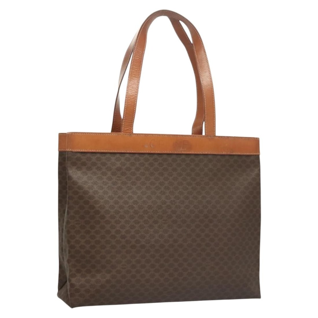 Vintage Celine Macadam Brown Tote Shoulder Bag: Vintage Celine Macadam Brown Tote Shoulder Bag This pre-owned Celine vintage Macadam tote bag comes in brown and is designed for female use. It features noticeable signs of wear, including surface rub