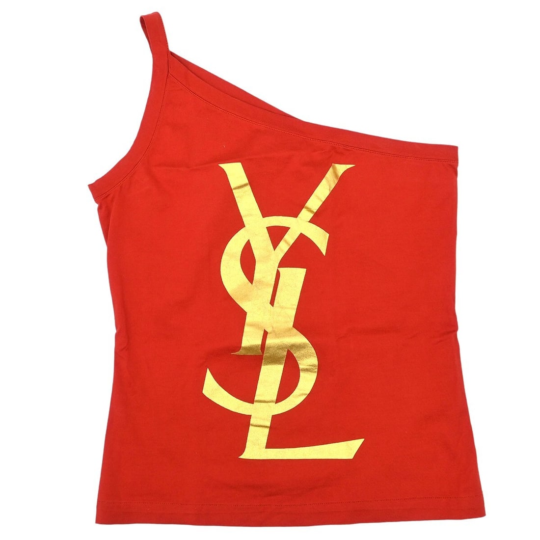 Yves Saint Laurent Vintage Vermilion Red Asymmetry Camisole #M: Yves Saint Laurent Vintage Vermilion Red Asymmetry Camisole #M Elevate your summer wardrobe with this Yves Saint Laurent Asymmetry Camisole in a striking vermilion red. This sleeveless tank top featur