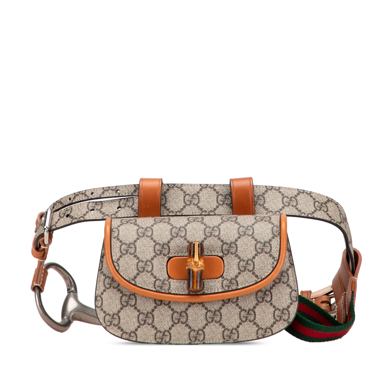 Gucci Mini GG Supreme Web Bamboo 1947 Belt Bag Brown: Gucci Mini GG Supreme Web Bamboo 1947 Belt Bag Brown The Gucci Mini GG Supreme Web Bamboo 1947 Belt Bag is a stylish accessory crafted from coated canvas with leather trim. This bag features a conveni
