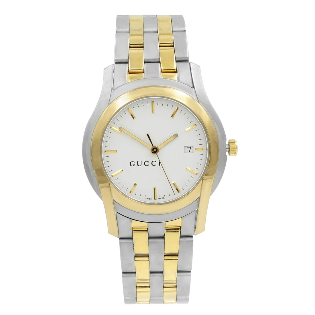 Gucci 5500 XL Two Tone Quartz Men's Watch Gold Gray Bracelet: Gucci 5500 XL Two Tone Quartz Men's Watch Gold Gray Bracelet Experience the elegance of the Gucci 5500 XL Two Tone Steel Watch, perfect for casual wear. This wristwatch features a sleek white dial wit