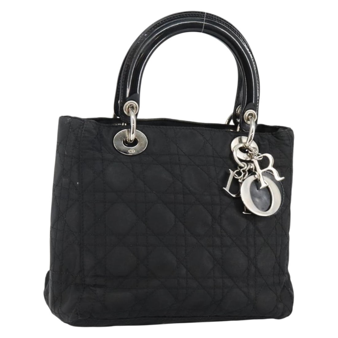 Vintage Lady Dior Black Handbag by Christian Dior: Vintage Lady Dior Black Handbag by Christian Dior This pre-owned Christian Dior Lady Dior handbag features the iconic Cannage pattern in black. It is designed for female use and shows signs of wear, i