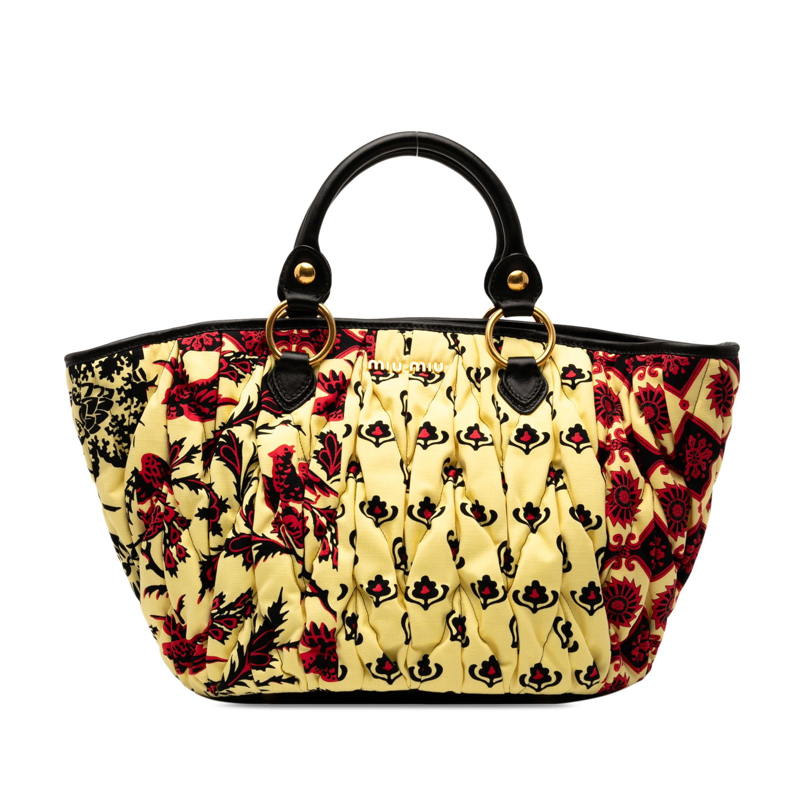 Miu Miu Limited Edition Yellow Matelasse Printed Canvas Handbag: Miu Miu Limited Edition Yellow Matelasse Printed Canvas Handbag Elevate your accessory collection with this Miu Miu Limited Edition Matelasse Printed Canvas Handbag. This stylish handbag showcases a p