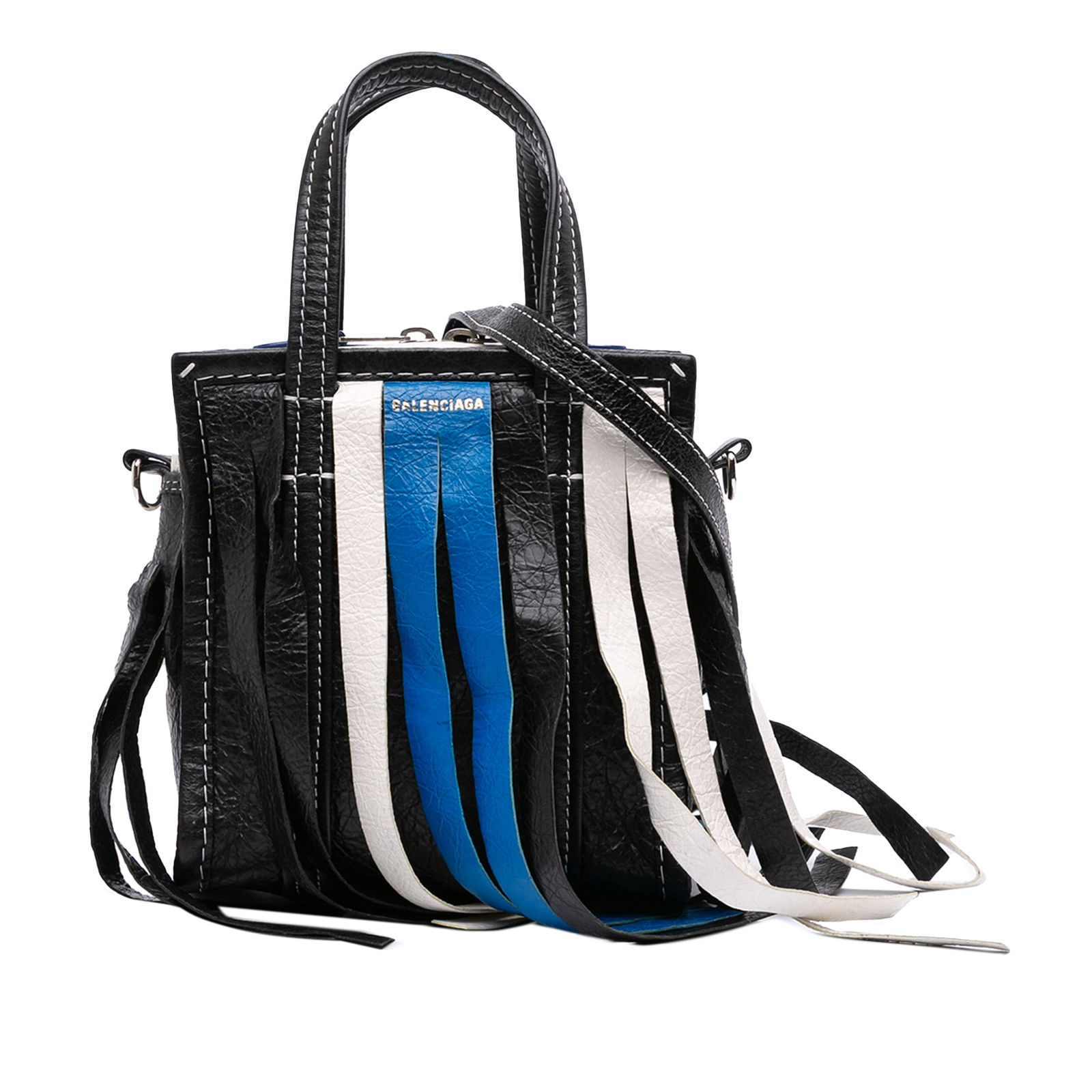 Balenciaga XXS Lambskin Fringe Bazar Shopper Satchel Black: Balenciaga XXS Lambskin Fringe Bazar Shopper Satchel Black Introducing the Balenciaga XXS Lambskin Fringe Bazar Shopper Satchel, a chic and stylish addition to any wardrobe. This exquisite bag feature