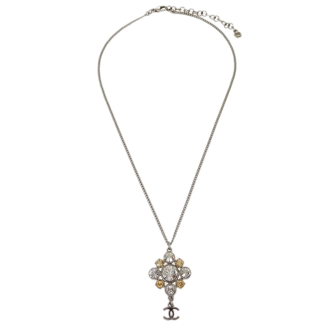 Necklace with CC Cluster Drop Pendant in Silver by Chanel: Necklace with CC Cluster Drop Pendant in Silver by Chanel This Chanel CC Cluster Drop Pendant Necklace is in very good, un-used condition with no odor. Designed for women, it features a stylish pendan