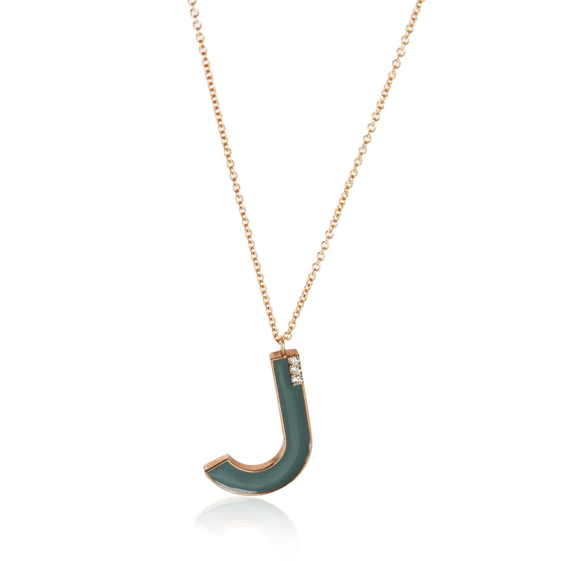 14K Rose Gold Large Blue Enamel Initial J Diamond Pendant: 14K Rose Gold Large Blue Enamel Initial J Diamond Pendant This stunning pendant showcases a round brilliant diamond set in luxurious 14K rose gold, featuring a captivating large blue enamel initial 'J