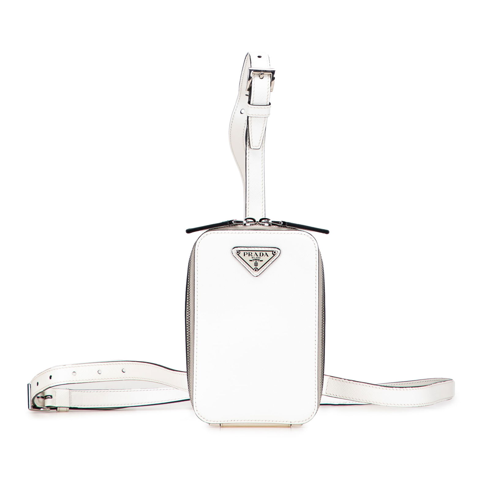Prada Saffiano Harness White Leather Crossbody Pouch: Prada Saffiano Harness White Leather Crossbody Pouch Elevate your accessory collection with the Prada Saffiano Harness Crossbody Pouch. This stylish bag is crafted from high-quality saffiano leather,