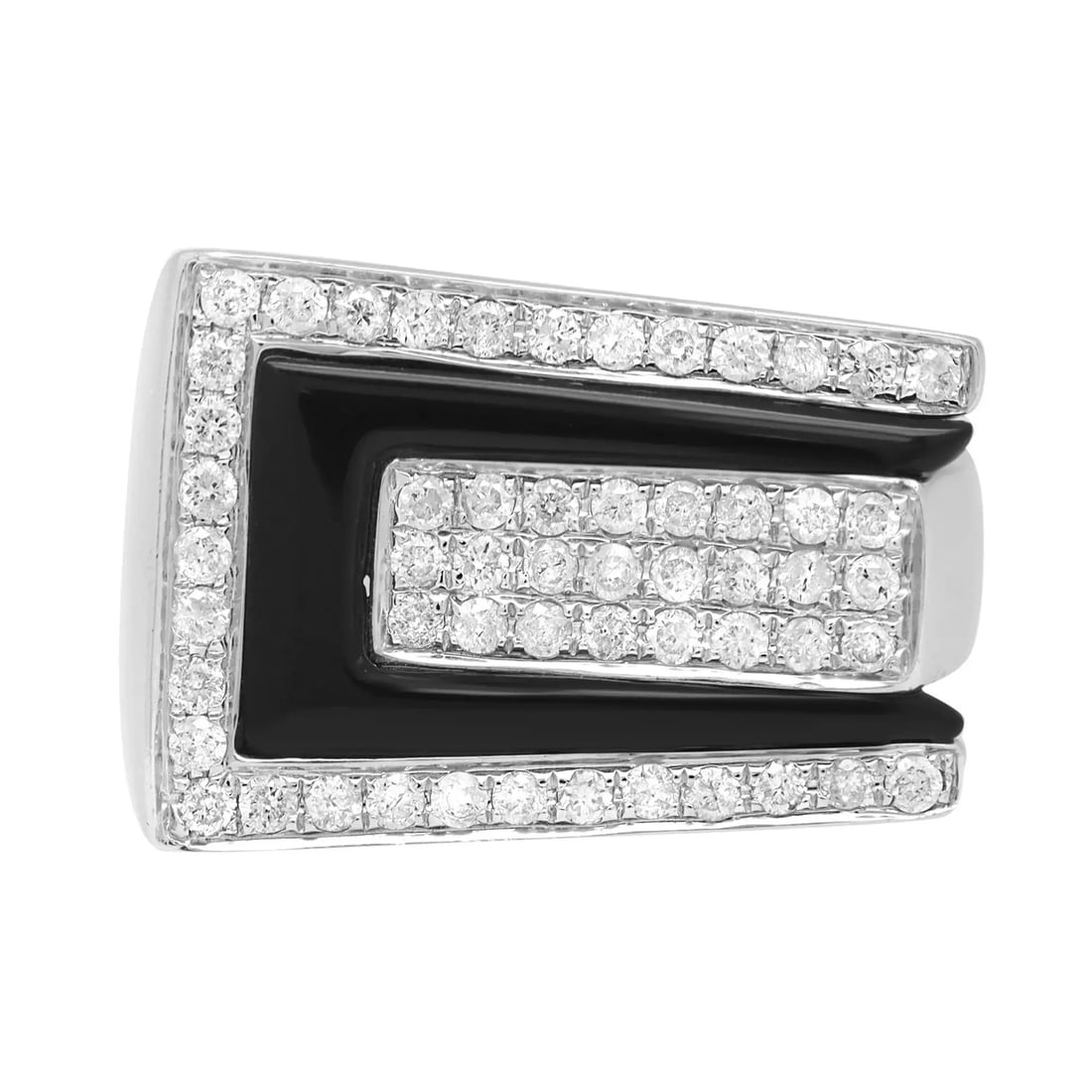 Rachel Koen 0.60Cttw Diamond Onyx Wide Cocktail Ring 14K White Gold: Rachel Koen 0.60Cttw Diamond Onyx Wide Cocktail Ring 14K White Gold This stunning wide cocktail ring is designed by Rachel Koen, featuring an eye-catching geometric pattern with pave set round cut dia