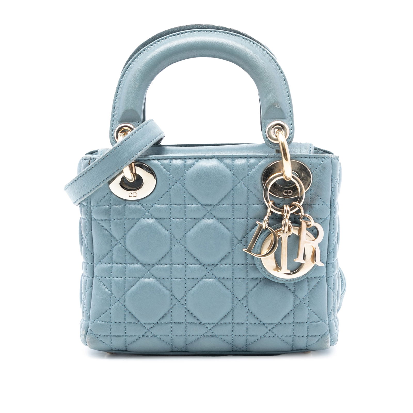 Dior Lady Dior Mini Blue Quilted Lambskin Bag with Shoulder Strap (1 of 7)