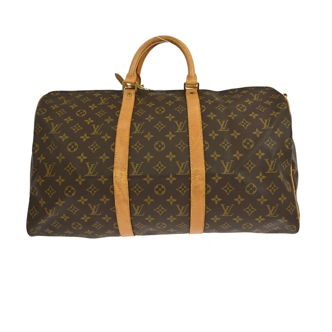 Keepall Bandouliere 50 Travel Bag by Louis Vuitton in Brown: Keepall Bandouliere 50 Travel Bag by Louis Vuitton in Brown This pre-owned Louis Vuitton Keepall Bandouliere 50 travel bag features brown leather and displays signs of use, including scuffs, scratches