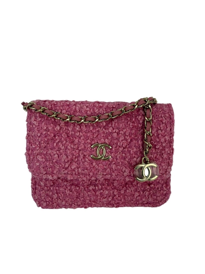 Chanel Mini Tweed Quilted Pink Shoulder Bag with Silver Hardware (1 of 14)