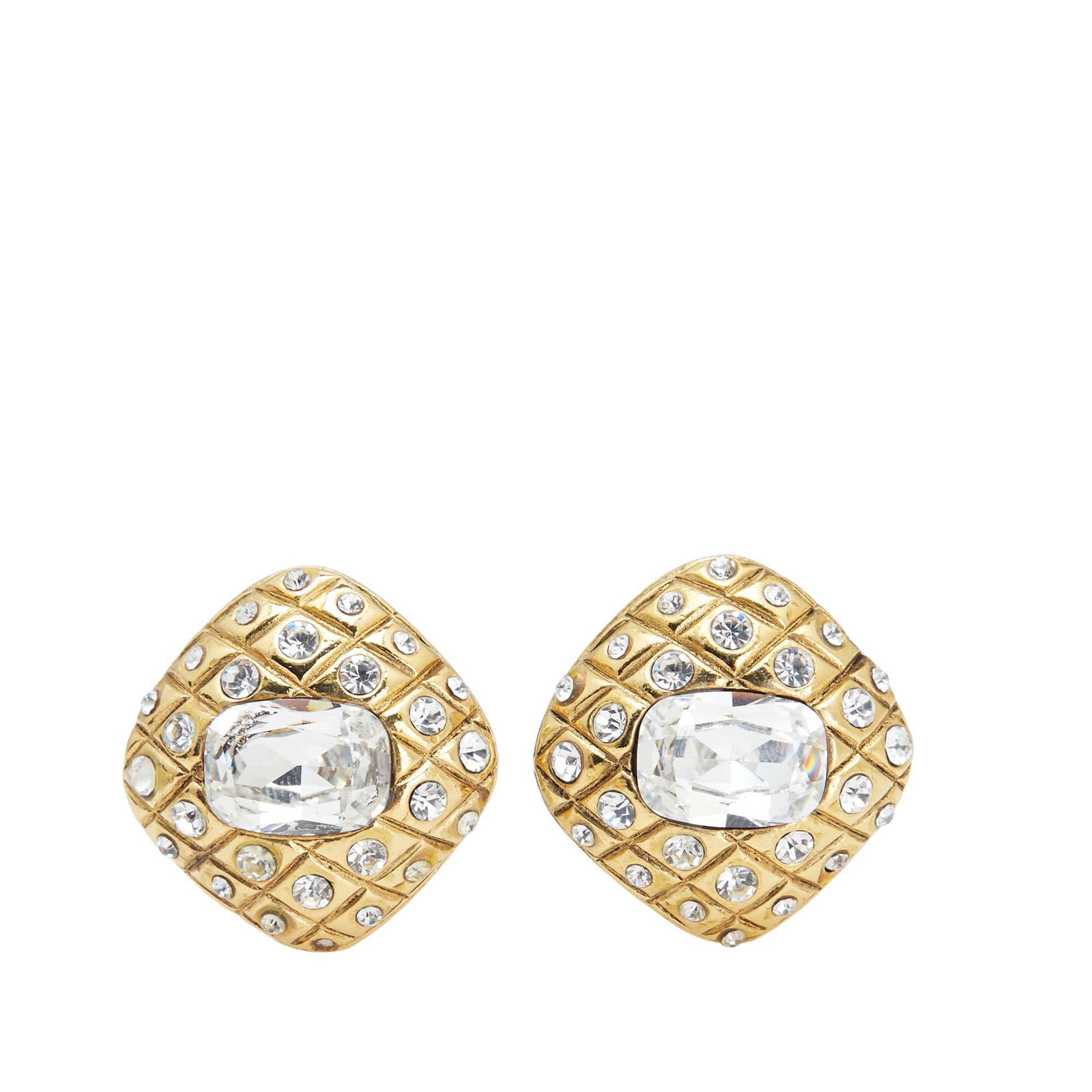 Chanel Gold Plated Quilted Diamond Crystal Clip On Earrings (1 of 3)