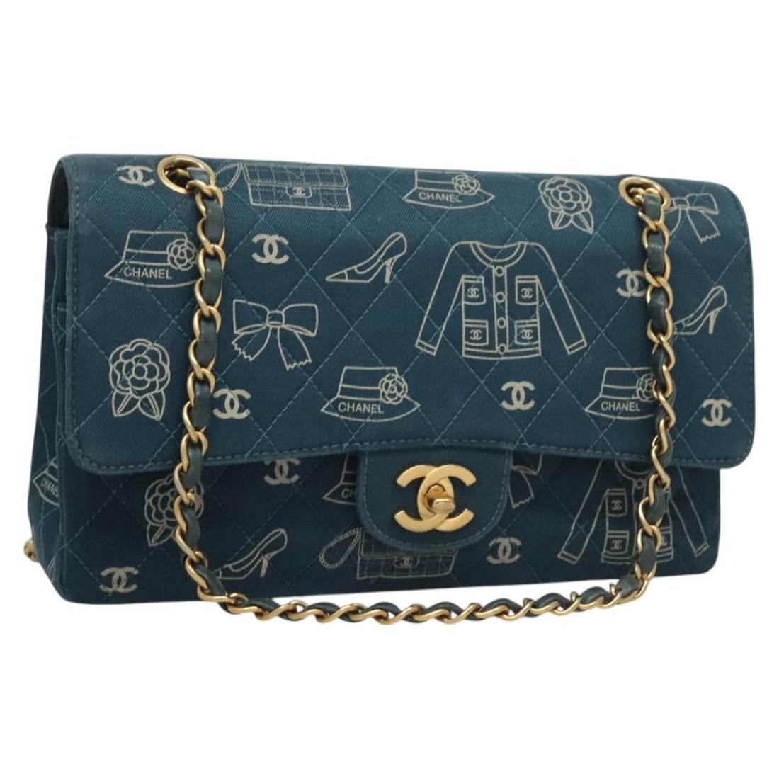 CHANEL Icon Line Navy Gold Matelasse Shoulder Bag Canvas Auth 127540SV (1 of 18)