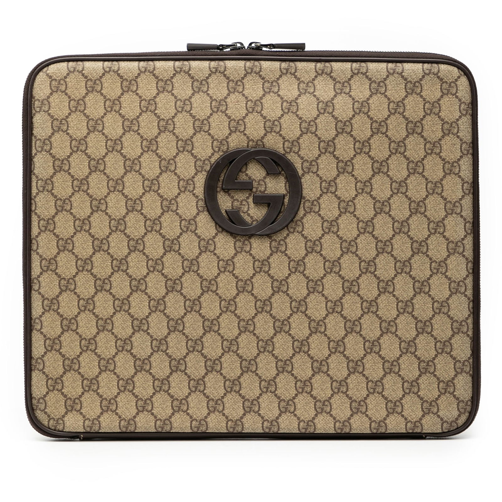Brown GG Supreme Coated Canvas Clutch Laptop Case by Gucci: Brown GG Supreme Coated Canvas Clutch Laptop Case by Gucci This Gucci GG Supreme Laptop Case features a coated canvas body with leather trim and a practical two-way zip-around closure. The brown fabri