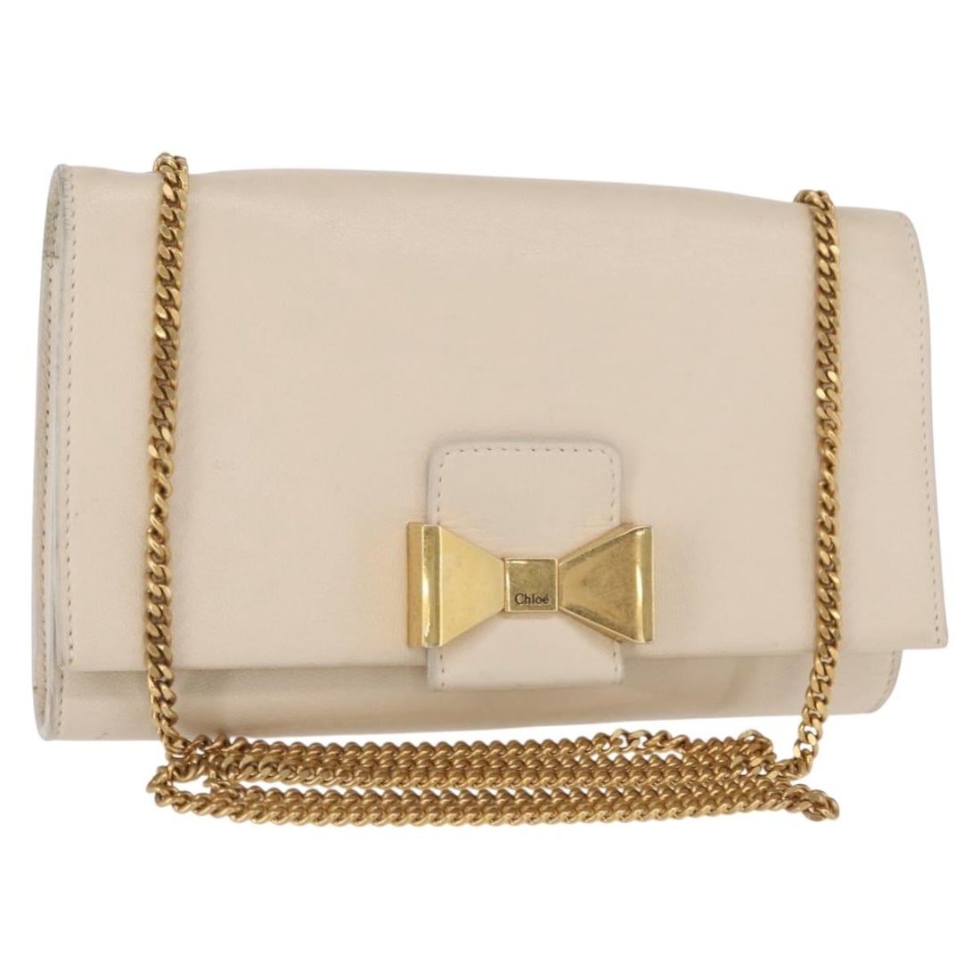 Chain Flap Shoulder Purse Beige by Chloe: Chain Flap Shoulder Purse Beige by Chloe This pre-owned Chloe chain flap crossbody bag in beige features a classic design with a chain shoulder strap. It is in fair condition, showing surface rubbing,
