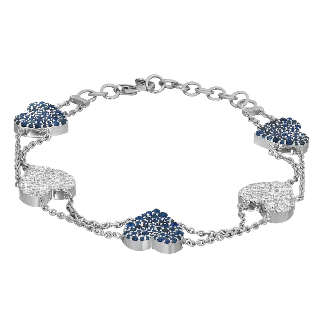 Rachel Koen 14K White Gold Blue Sapphire Diamond Heart Bracelet 2.51ctw: Rachel Koen 14K White Gold Blue Sapphire Diamond Heart Bracelet 2.51ctw This exquisite Blue Sapphire and Diamond Five Hearts Chain Bracelet is a perfect gift for any occasion, especially Valentine's D