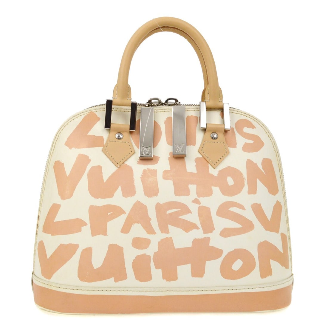 Louis Vuitton Graffiti Alma MM Handbag Beige Leather Zip Closure (1 of 11)