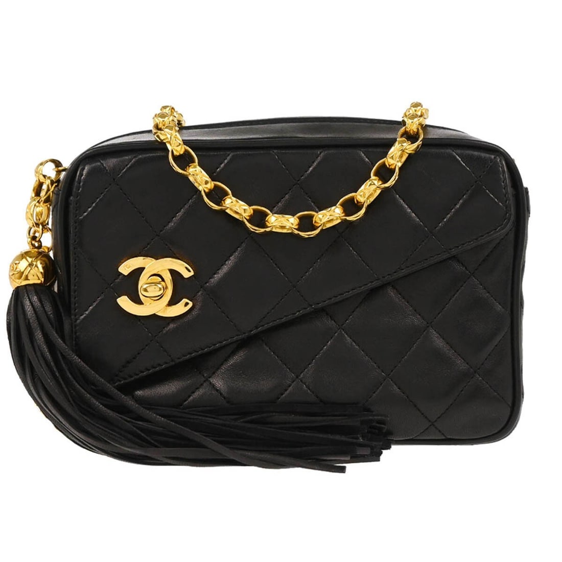 Chanel Black Lambskin Mini Camera Bag with Fringe Accents: Chanel Black Lambskin Mini Camera Bag with Fringe Accents This stylish Chanel Black Lambskin Camera Bag Mini combines elegance and functionality, making it perfect for casual occasions. Crafted from l