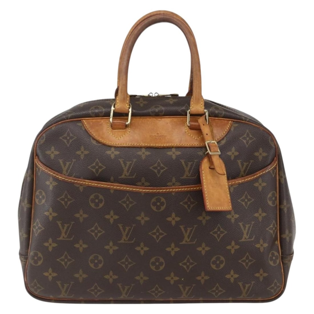 Deauville Monogram Canvas Handbag by Louis Vuitton: Deauville Monogram Canvas Handbag by Louis Vuitton This pre-owned Louis Vuitton Monogram Deauville handbag features the signature brown monogram canvas. The bag shows visible signs of use, including s