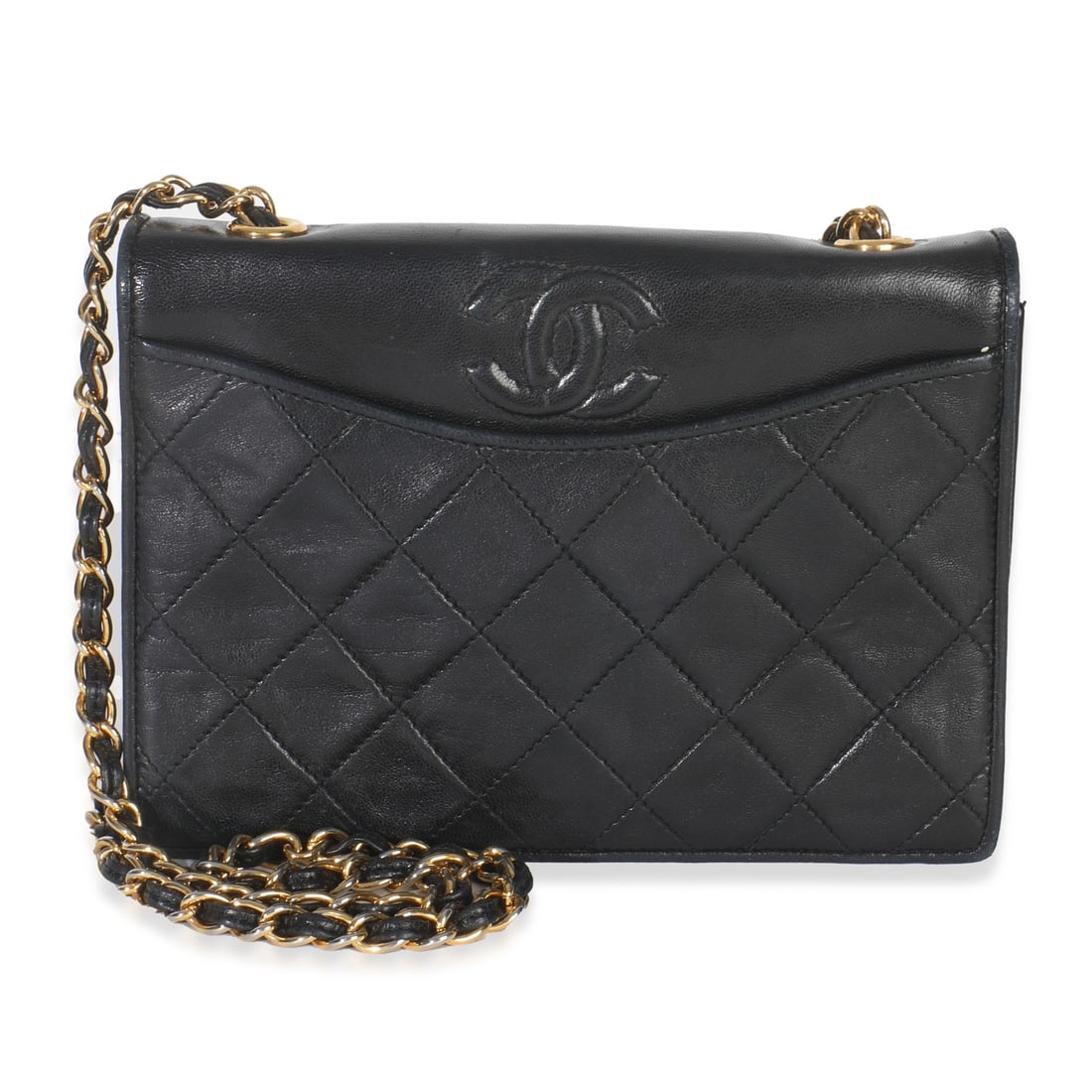 Black Lambskin CC Chain Flap Shoulder Bag by Chanel with Authenticity Card: Black Lambskin CC Chain Flap Shoulder Bag by Chanel with Authenticity Card This Chanel Vintage CC Chain Flap Bag features a classic black quilted lambskin leather exterior with gold-tone hardware and