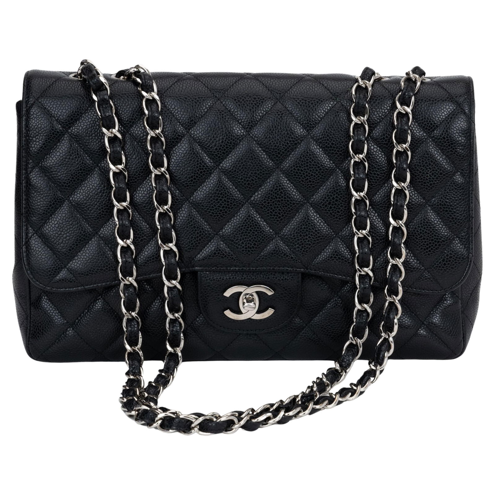Chanel Black Caviar Jumbo Flap Bag with Hologram and Dust Cover: Chanel Black Caviar Jumbo Flap Bag with Hologram and Dust Cover This Chanel Black Caviar Jumbo Single Flap bag is a luxurious accessory crafted from premium black caviar leather featuring a classic qu