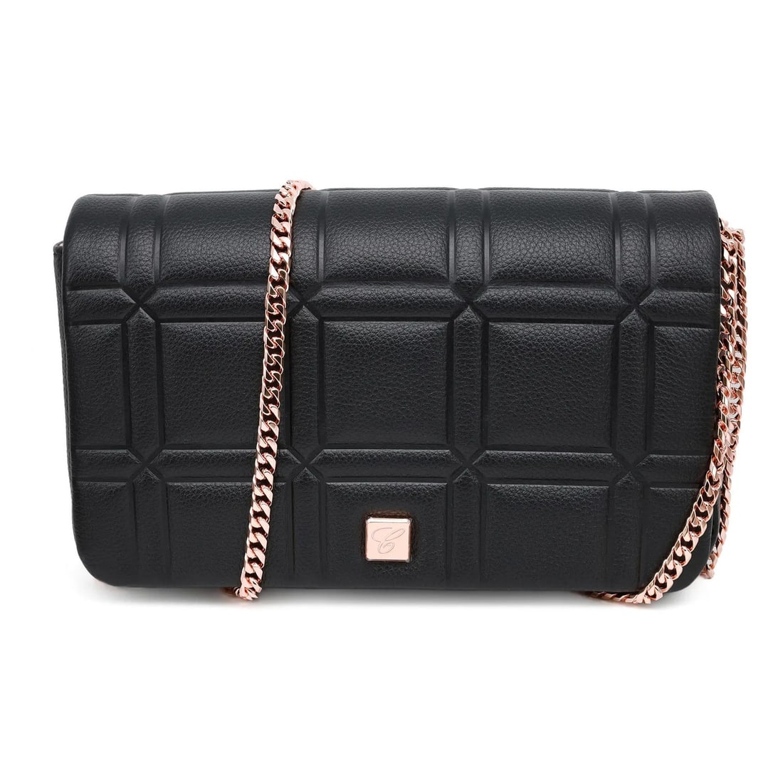 Chopard Ice Cube Mini Black Leather Shoulder Bag with Chain Strap: Chopard Ice Cube Mini Black Leather Shoulder Bag with Chain Strap The Chopard Ice Cube Mini Chain Shoulder Bag is a stunning accessory that embodies elegance and sophistication. Crafted from black cal