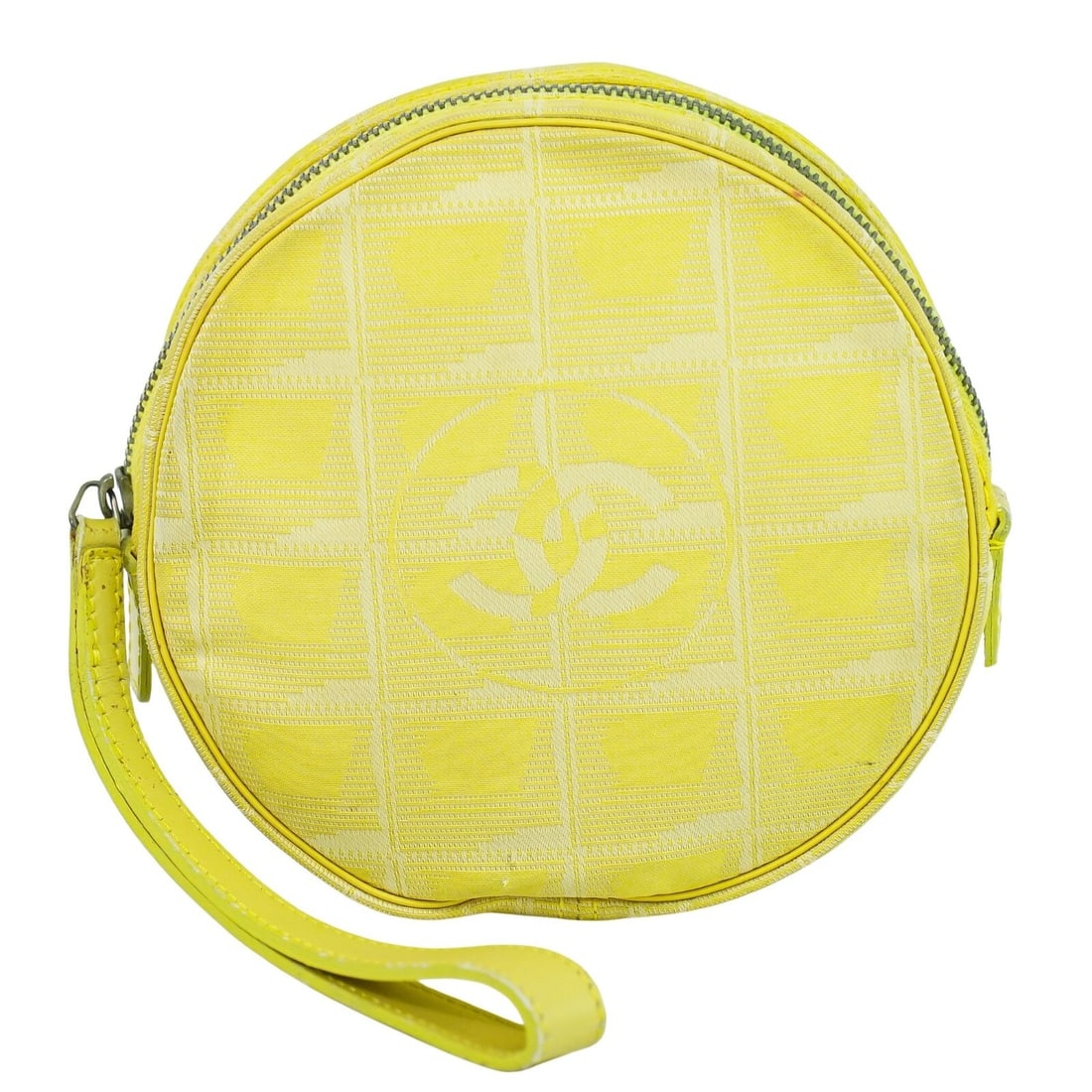 Yellow Chanel Round Travel Line Wristlet Bag: Yellow Chanel Round Travel Line Wristlet Bag This Chanel Travel Line round wristlet in yellow is designed for women. It features a compact, circular shape and is crafted from durable materials. The ba
