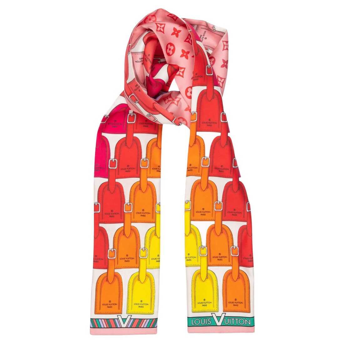 Louis Vuitton Multicolor Silk Bag Tag Bandeau NIB 46in: Louis Vuitton Multicolor Silk Bag Tag Bandeau NIB 46in Elevate your style with this Louis Vuitton bag tag bandeau in a vibrant multicolor design. Made from 100% silk, this luxurious long bandeau-style