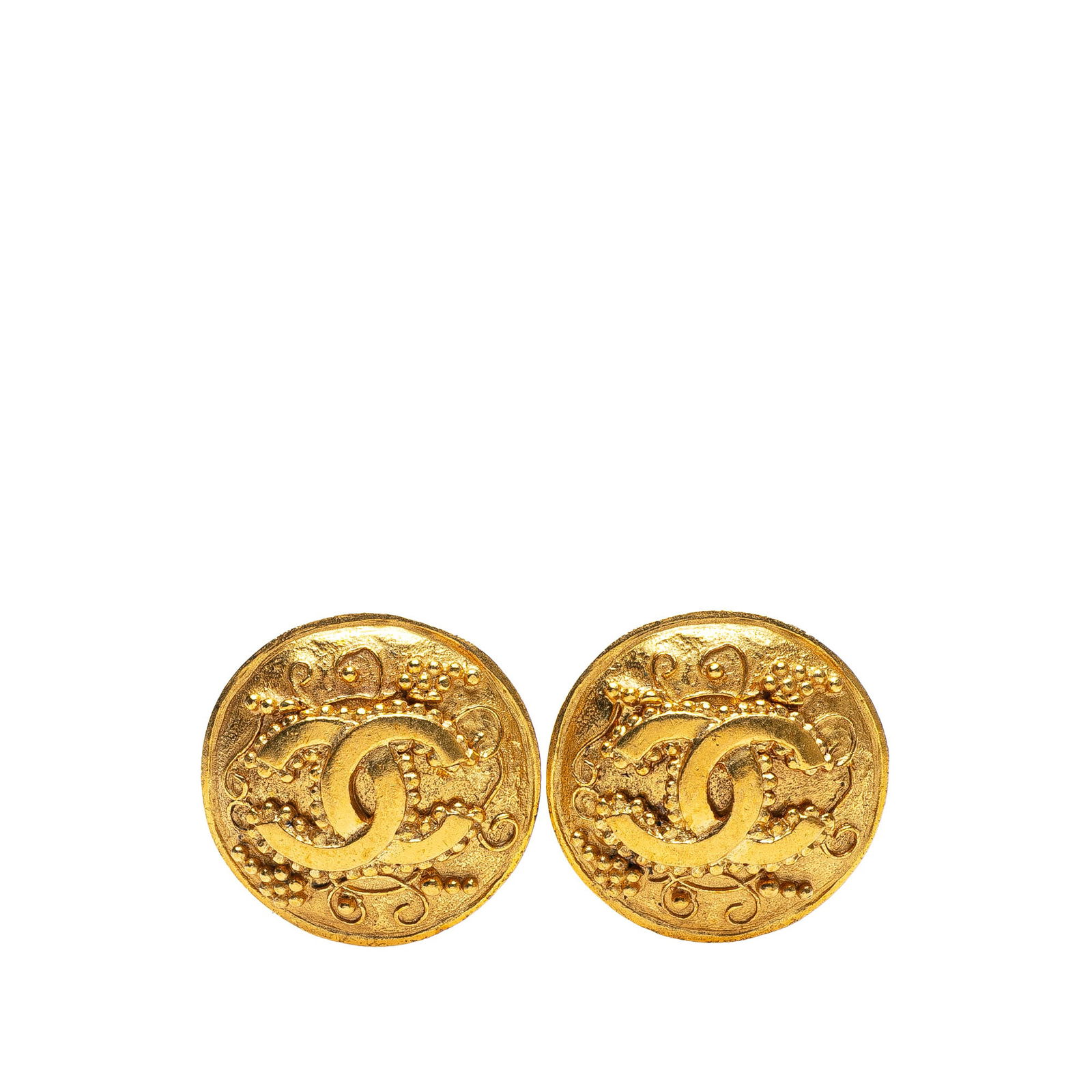 Chanel Gold Plated CC Grapevine Round Clip-On Earrings France (1 of 4)
