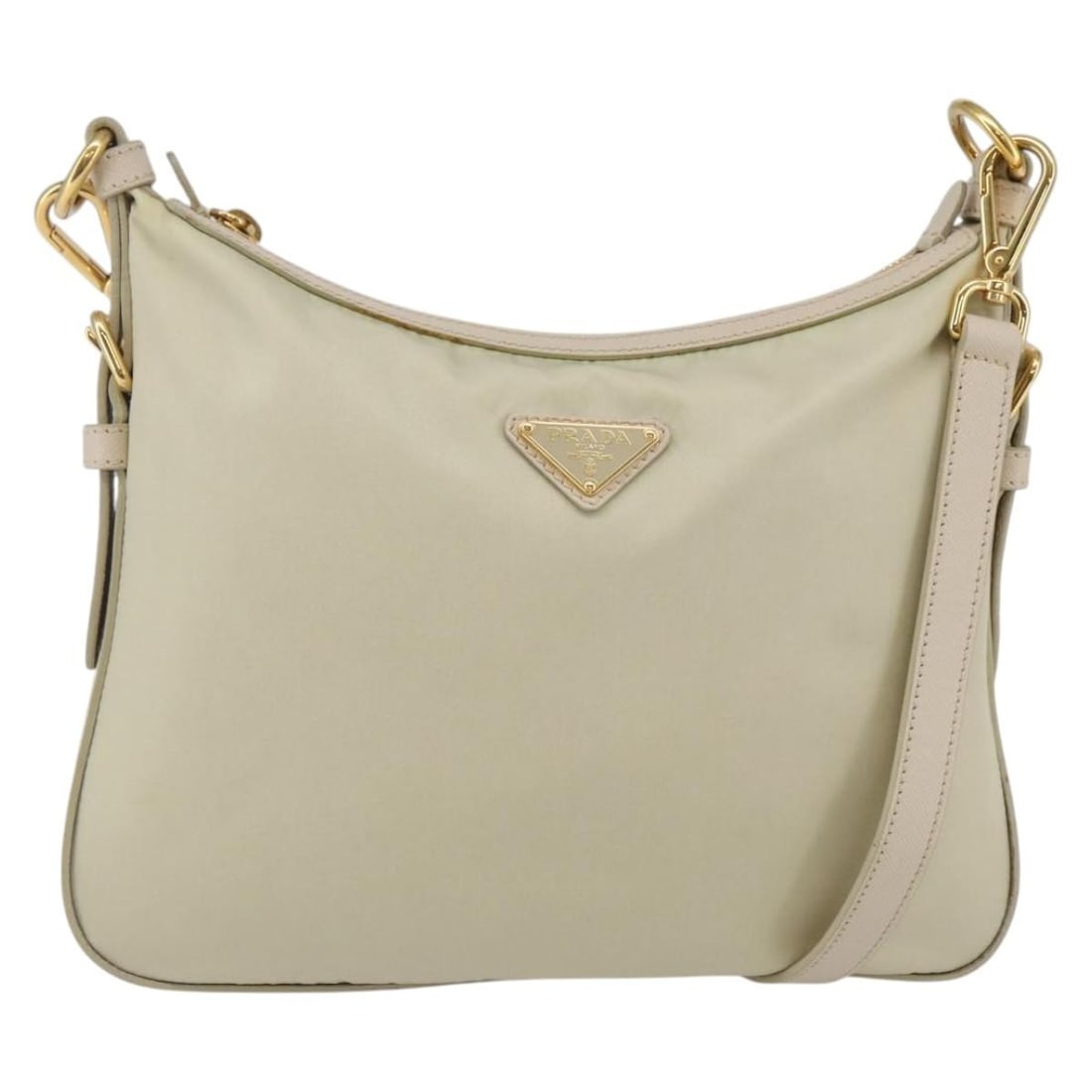 PRADA Beige Gold Nylon Shoulder Bag Made in Italy Auth 145330: PRADA Beige Gold Nylon Shoulder Bag Made in Italy Auth 145330 This PRADA shoulder bag is a stylish accessory crafted from durable nylon, featuring a chic beige and gold color scheme. Made in Italy, it