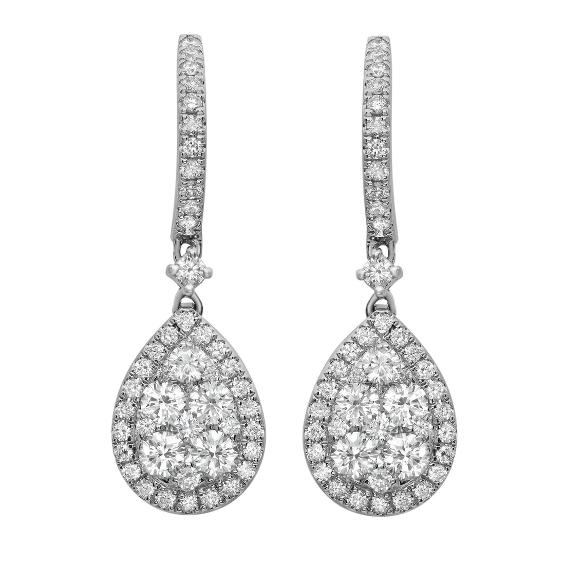 Rachel Koen 18K White Gold Teardrop Diamond Earrings 1.65Cttw: Rachel Koen 18K White Gold Teardrop Diamond Earrings 1.65Cttw Elevate your elegance with these stunning teardrop earrings, crafted from luxurious 18K white gold. Each earring features a beautiful arra