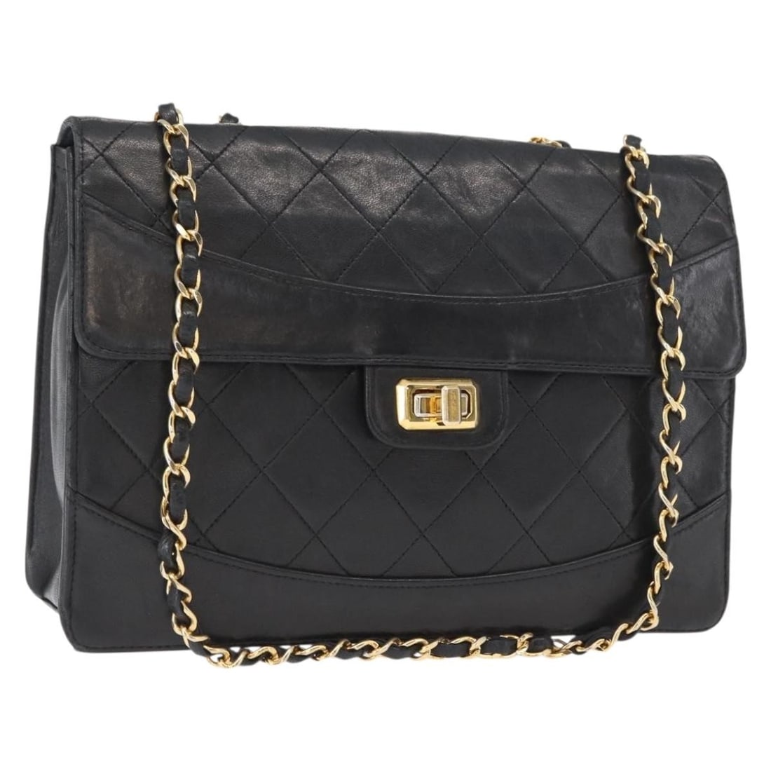 Black Chanel Mademoiselle Lock Vintage Trapezoid Shoulder Flap Bag: Black Chanel Mademoiselle Lock Vintage Trapezoid Shoulder Flap Bag This is a Chanel Vintage Mademoiselle Lock Trapezoid Flap Bag in black, designed for female use. The bag features a distinctive trape