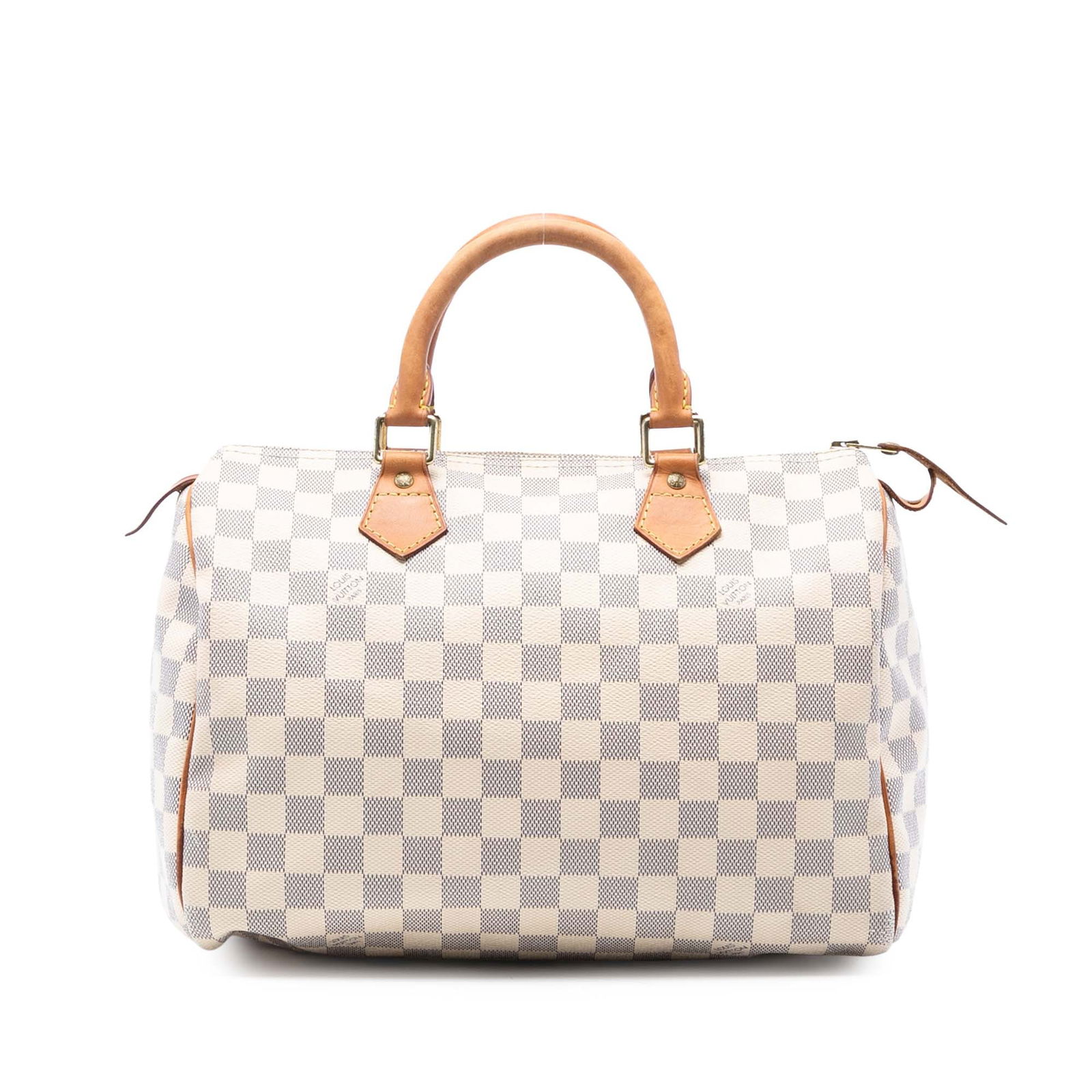 Louis Vuitton Speedy 30 Handbag in Damier Azur Canvas: Louis Vuitton Speedy 30 Handbag in Damier Azur Canvas The Louis Vuitton Damier Azur Speedy 30 is crafted with signature Damier Azur canvas and features rolled vachetta leather handles, a top zip closu