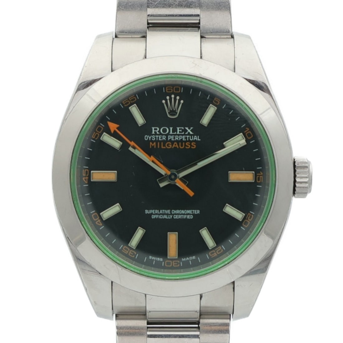 Stainless Steel Rolex Milgauss 116400GV Green Dial Automatic Wristwatch: Stainless Steel Rolex Milgauss 116400GV Green Dial Automatic Wristwatch This ROLEX Milgauss Automatic Watch 116400GV features a stainless steel case and band with a striking green dial and frame. Desi