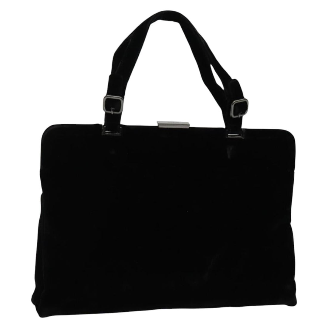 Black Vintage Prada Bag with Metal Accents: Black Vintage Prada Bag with Metal Accents This pre-owned Prada vintage handbag features a classic black design, crafted for female use. It shows signs of use, including slight surface and handle rubb