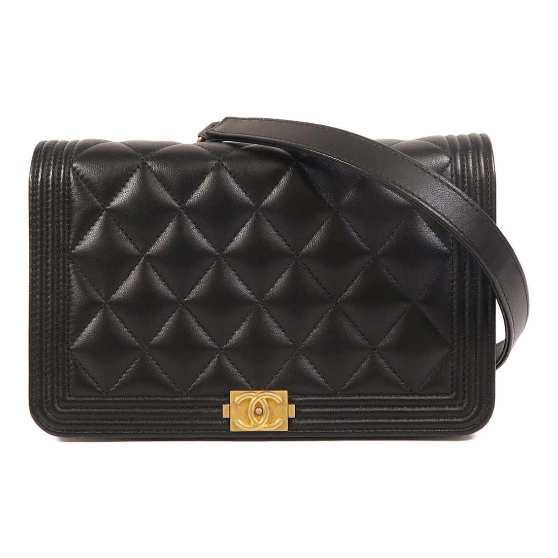 CHANEL Boy Wallet On Chain Black Lambskin Shoulder Bag GHW AP1117: CHANEL Boy Wallet On Chain Black Lambskin Shoulder Bag GHW AP1117 This exquisite CHANEL Boy Wallet On Chain is a stylish shoulder bag crafted from luxurious black lambskin leather. With a sleek design