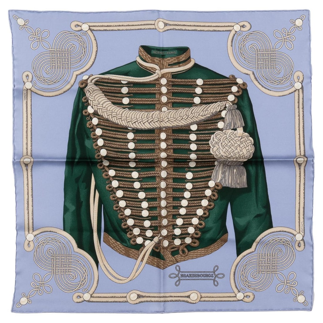 Hermes Brandebourg Gavroche Scarf 100% Silk France: Hermes Brandebourg Gavroche Scarf 100% Silk France Introducing the exquisite Hermes "Brandebourg" Gavroche Scarf, a luxurious accessory that celebrates the art of silk craftsmanship. This elegant scar