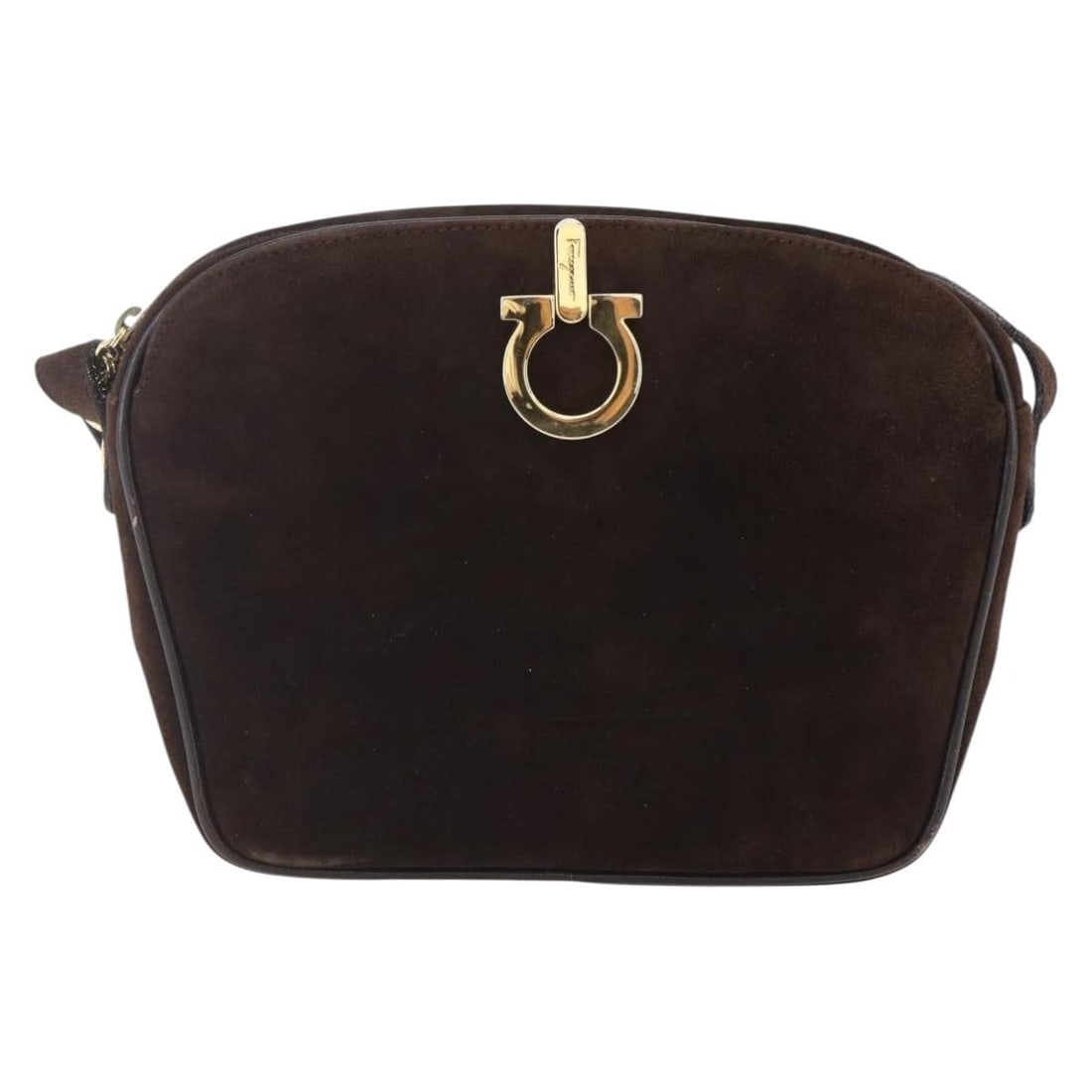 Gancini Shoulder Purse in Brown by Salvatore Ferragamo: Gancini Shoulder Purse in Brown by Salvatore Ferragamo This pre-owned Salvatore Ferragamo Gancini shoulder bag features a classic brown design and is intended for female use. It is in good condition w