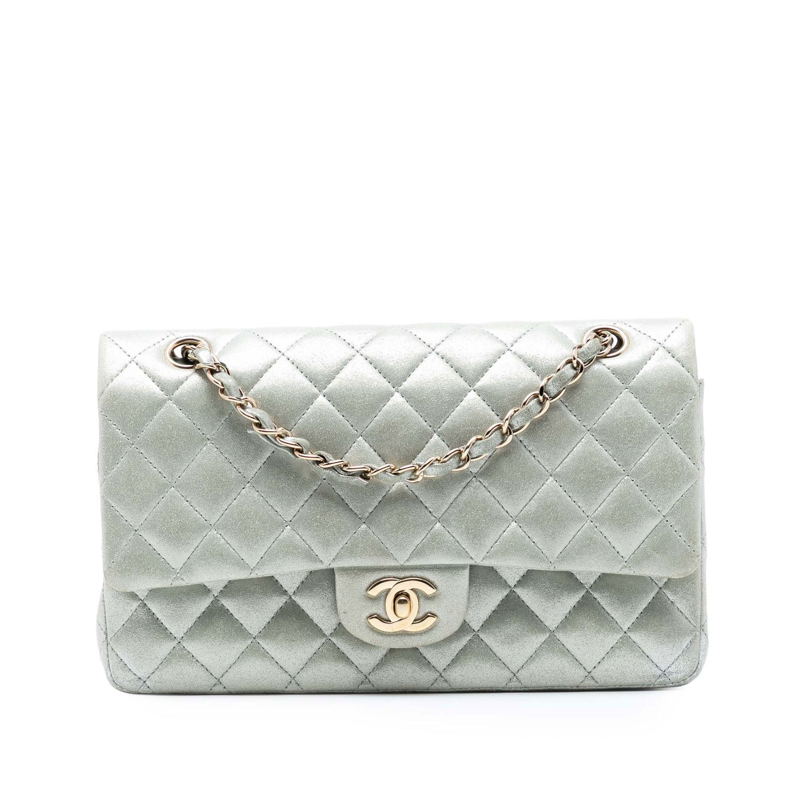 Chanel Medium Iridescent Lambskin Quilted Double Flap Shoulder Bag: Chanel Medium Iridescent Lambskin Quilted Double Flap Shoulder Bag This Chanel Medium Classic Iridescent Lambskin Double Flap bag features a quilted iridescent lambskin leather body in silver, leather