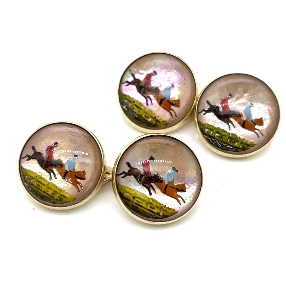 14K Yellow Gold Cufflinks with Equestrian Motif from 1960s: 14K Yellow Gold Cufflinks with Equestrian Motif from 1960s These 1960's equestrian cufflinks are crafted from 14K yellow gold and feature a classic design. They have a total weight of 7.9 grams and ar