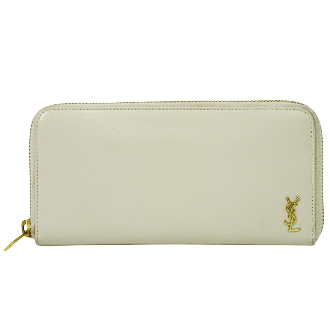 Ecru Zip Around Tiny Monogram Wallet by Saint Laurent: Ecru Zip Around Tiny Monogram Wallet by Saint Laurent This Saint Laurent Tiny Monogram zip-around wallet in ecru is a pre-owned item for women. It features visible signs of gentle use, including wear