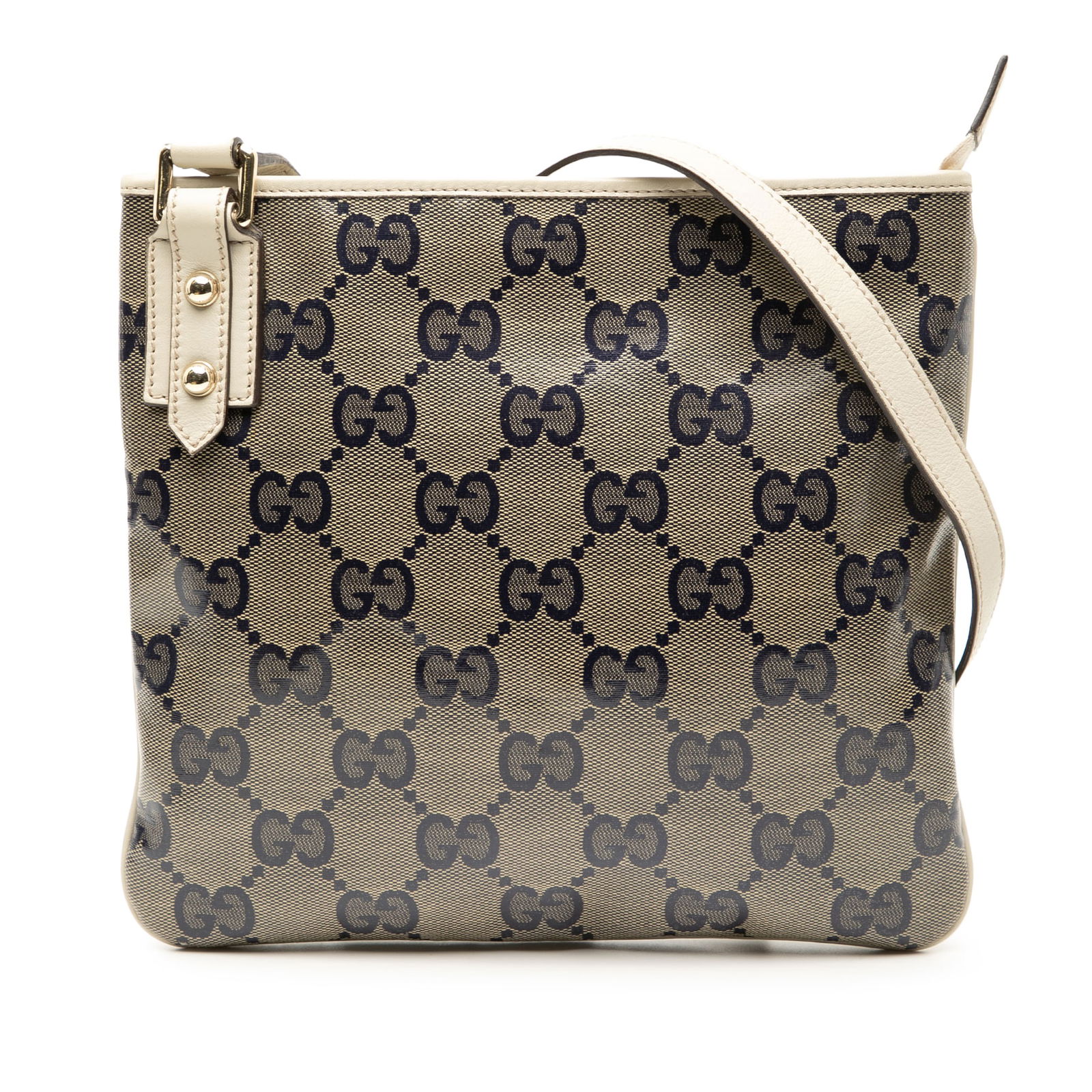 Brown Gucci GG Crystal Canvas Crossbody Bag with Leather Trim: Brown Gucci GG Crystal Canvas Crossbody Bag with Leather Trim This Gucci GG Crystal Crossbody bag showcases a coated canvas exterior with leather trim and features an adjustable flat shoulder strap. I