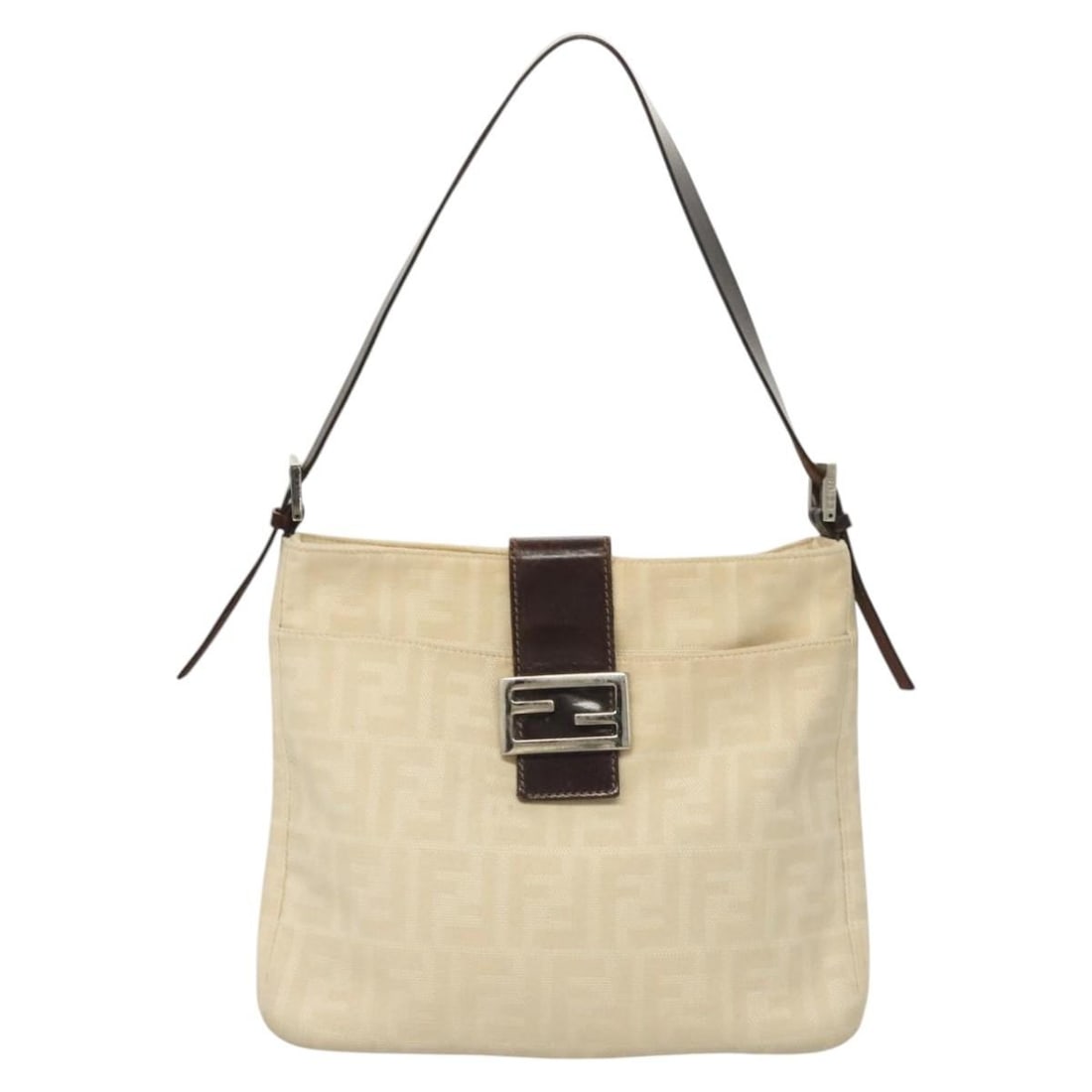 Beige Fendi Mamma Baguette Shoulder Bag with Leather Strap: Beige Fendi Mamma Baguette Shoulder Bag with Leather Strap This Fendi Mamma Baguette shoulder bag features a beige exterior with notable signs of use, including loss of shape, rubbing, and stains on t