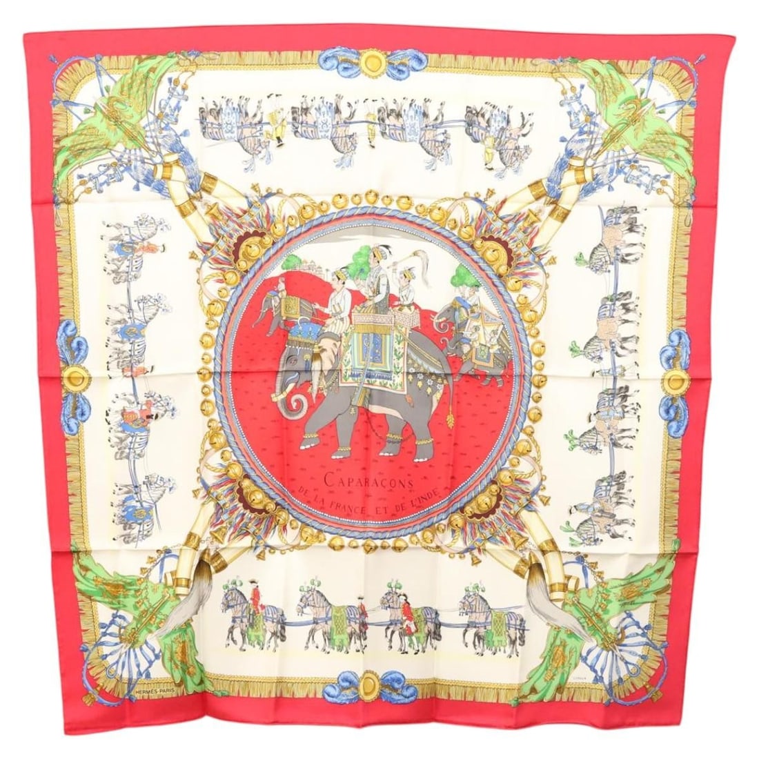 HERMES Carre 90 Silk Scarf Caparacons de la France et de l'Inde Red Auth 124561 (1 of 14)