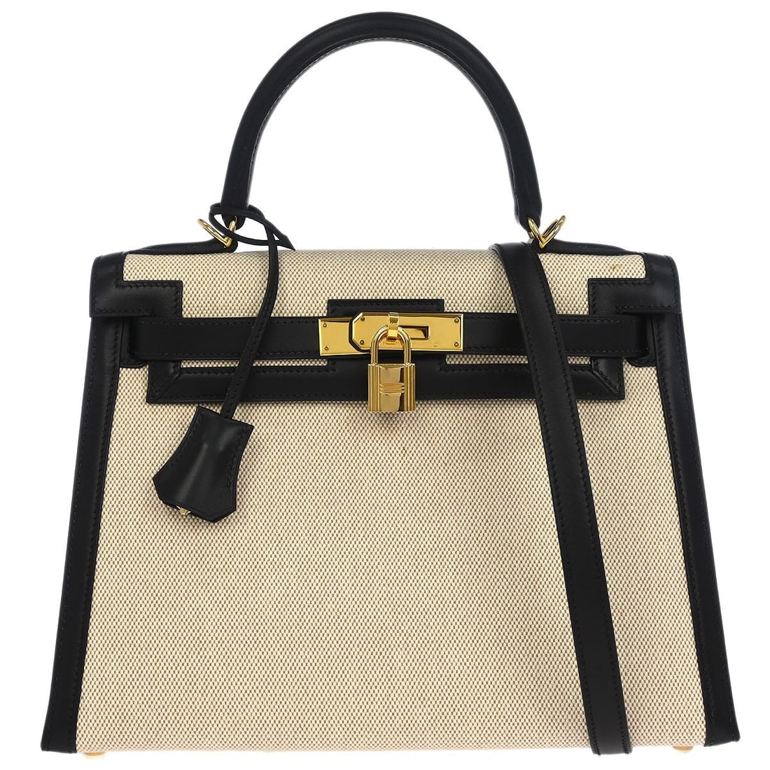 Hermes Kelly 28 Beige Black Calf Leather 2way Handbag: Hermes Kelly 28 Beige Black Calf Leather 2way Handbag This elegant Hermes Kelly 28 handbag showcases a sophisticated blend of beige and black Toile H Box calf leather. Designed as a 2-way satchel, it