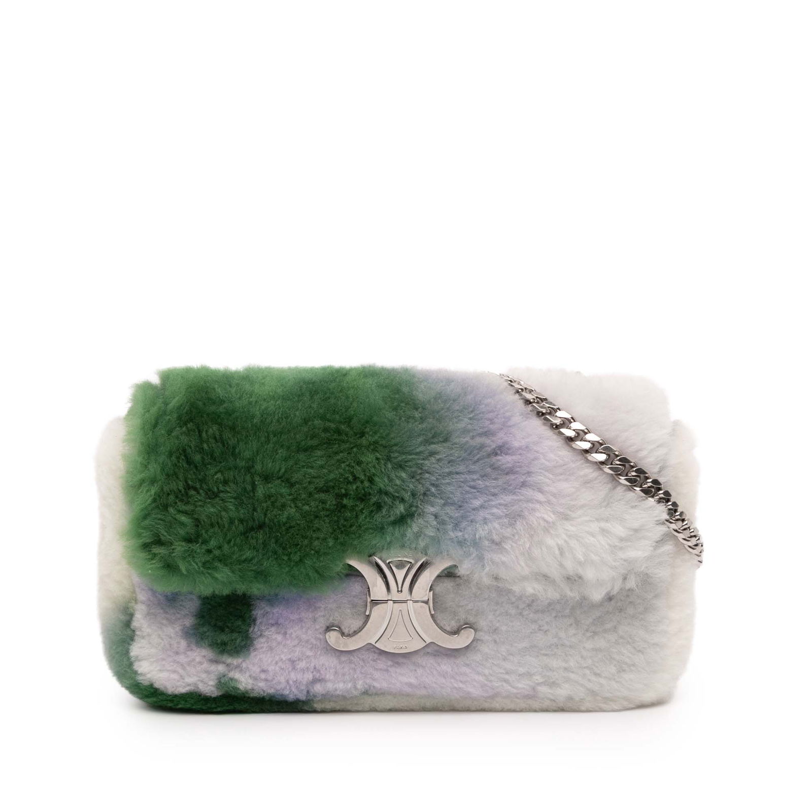 Celine Shearling Triomphe Chain Bag White Fur Italy: Celine Shearling Triomphe Chain Bag White Fur Italy The Celine Shearling Triomphe Chain Shoulder Bag is a stylish accessory crafted from natural materials. This elegant bag features a luxurious fur bo