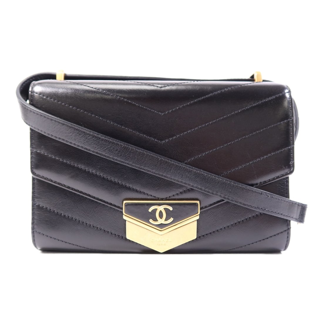 CHANEL Black Chevron Medal Flap Shoulder Bag Calfskin Leather GHW: CHANEL Black Chevron Medal Flap Shoulder Bag Calfskin Leather GHW This CHANEL CC GHW Chevron Medal Flap Bag is an elegant shoulder bag crafted from high-quality calfskin leather in a classic black hue