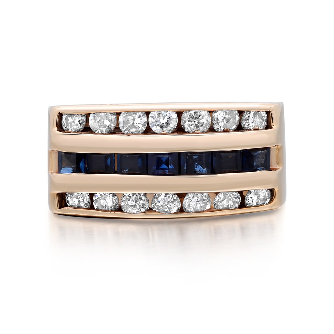 Rachel Koen 10K Yellow Gold Unisex Ring Blue Sapphire Diamond 1.75Cttw Size 7: Rachel Koen 10K Yellow Gold Unisex Ring Blue Sapphire Diamond 1.75Cttw Size 7 This exquisite unisex ring is crafted from 10K yellow gold, showcasing a stunning design that features a center row of cha
