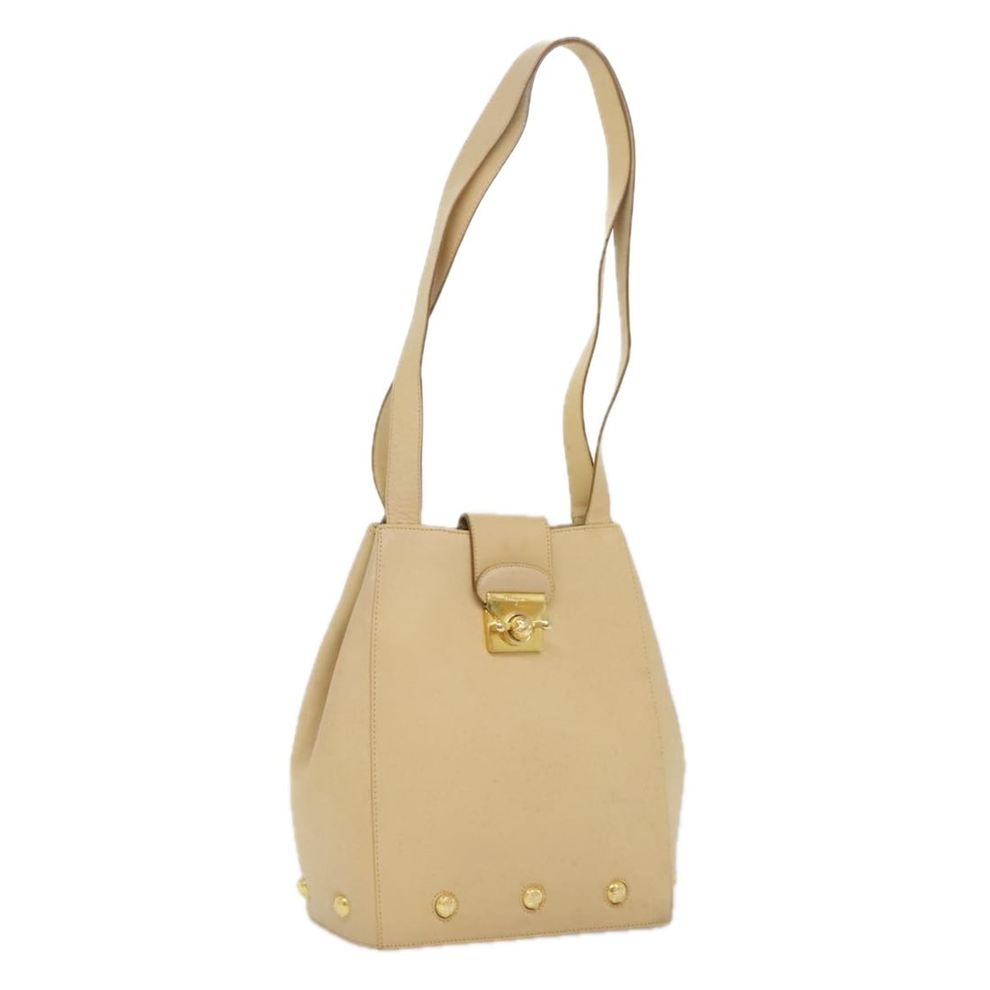 Beige Vintage Salvatore Ferragamo Shoulder Bag for Women: Beige Vintage Salvatore Ferragamo Shoulder Bag for Women This vintage Salvatore Ferragamo shoulder bag is crafted in beige and designed for female use. It features noticeable signs of wear, including